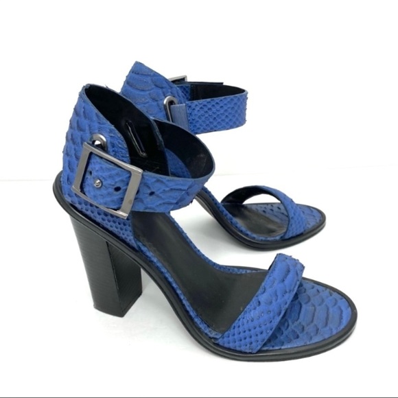Tibi Snakeskin Embossed Leather Chunky Heel Ankle Strap Buckle Sandal Royal Blue - Picture 4 of 9